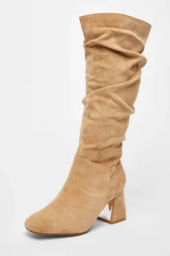 Heeled Boots*Quiz Wide Fit Knee High Faux Suede Block Heel Boots Taupe