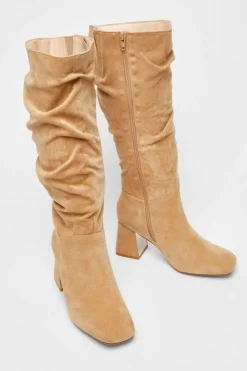Heeled Boots*Quiz Wide Fit Knee High Faux Suede Block Heel Boots Taupe