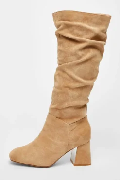 Heeled Boots*Quiz Wide Fit Knee High Faux Suede Block Heel Boots Taupe