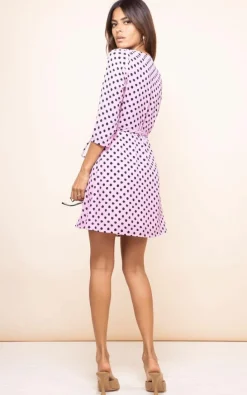 Wrap Dresses*Dancing Leopard Teagan Polka Dot Print 3/4 Sleeve Mini Dress V-Neck Wrap Outfit Light Pink