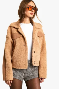 Up To 80% Off Winter Warmers|Teddy Jackets*boohoo Teddy Detail Wool Look Jacket camel