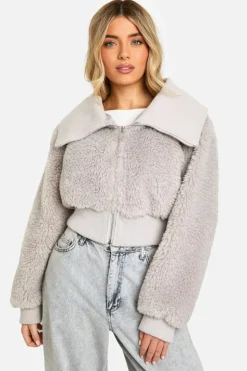 Up To 80% Off Winter Warmers|Bomber Jackets*boohoo Teddy Faux Fur Bomber Jacket grey