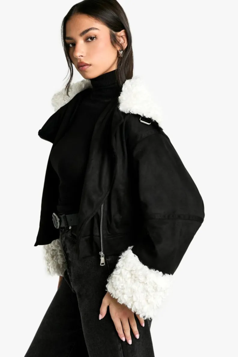 Up To 80% Off Winter Warmers|Biker Jackets*boohoo Teddy Faux Fur Trim Biker Jacket black