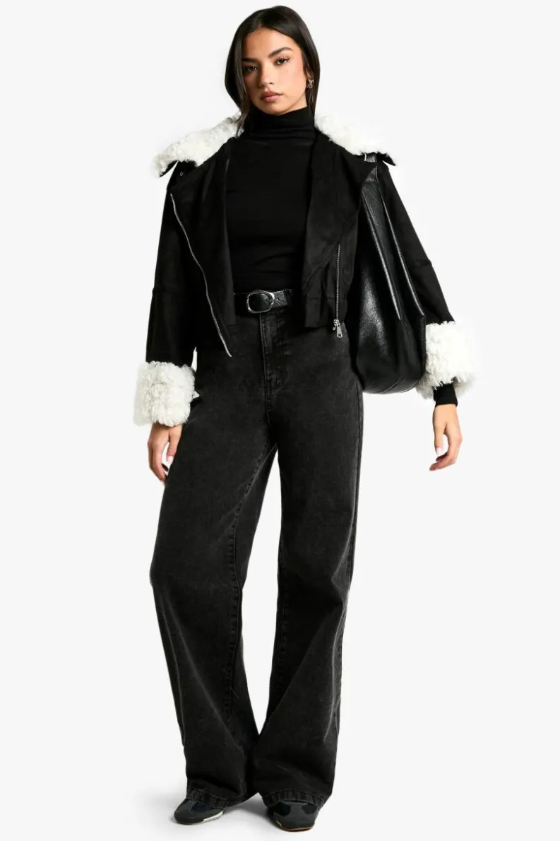 Up To 80% Off Winter Warmers|Biker Jackets*boohoo Teddy Faux Fur Trim Biker Jacket black