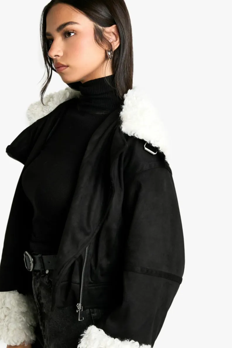 Up To 80% Off Winter Warmers|Biker Jackets*boohoo Teddy Faux Fur Trim Biker Jacket black