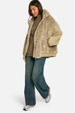 Up To 80% Off Winter Warmers|Bomber Jackets*boohoo Teddy Fur Oversized Bomber Jacket sage