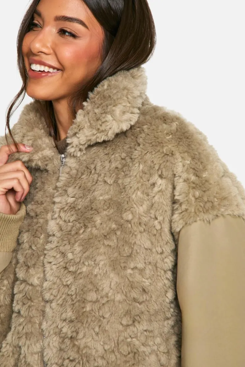 Up To 80% Off Winter Warmers|Bomber Jackets*boohoo Teddy Fur Oversized Bomber Jacket sage