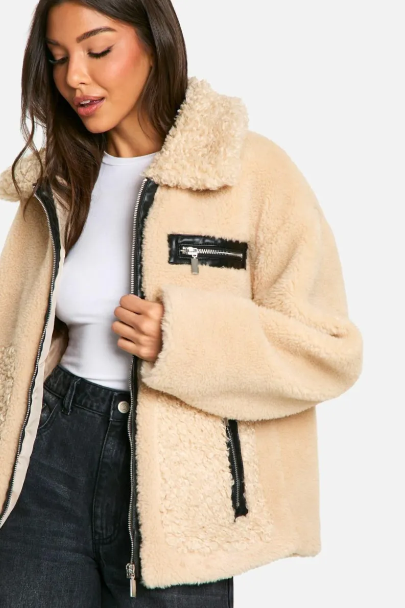 Up To 80% Off Winter Warmers|Aviator Jackets*boohoo Teddy Mixed Faux Fur Aviator sand