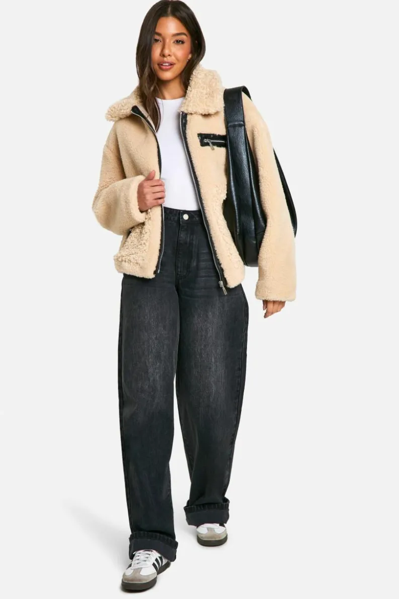 Up To 80% Off Winter Warmers|Aviator Jackets*boohoo Teddy Mixed Faux Fur Aviator sand