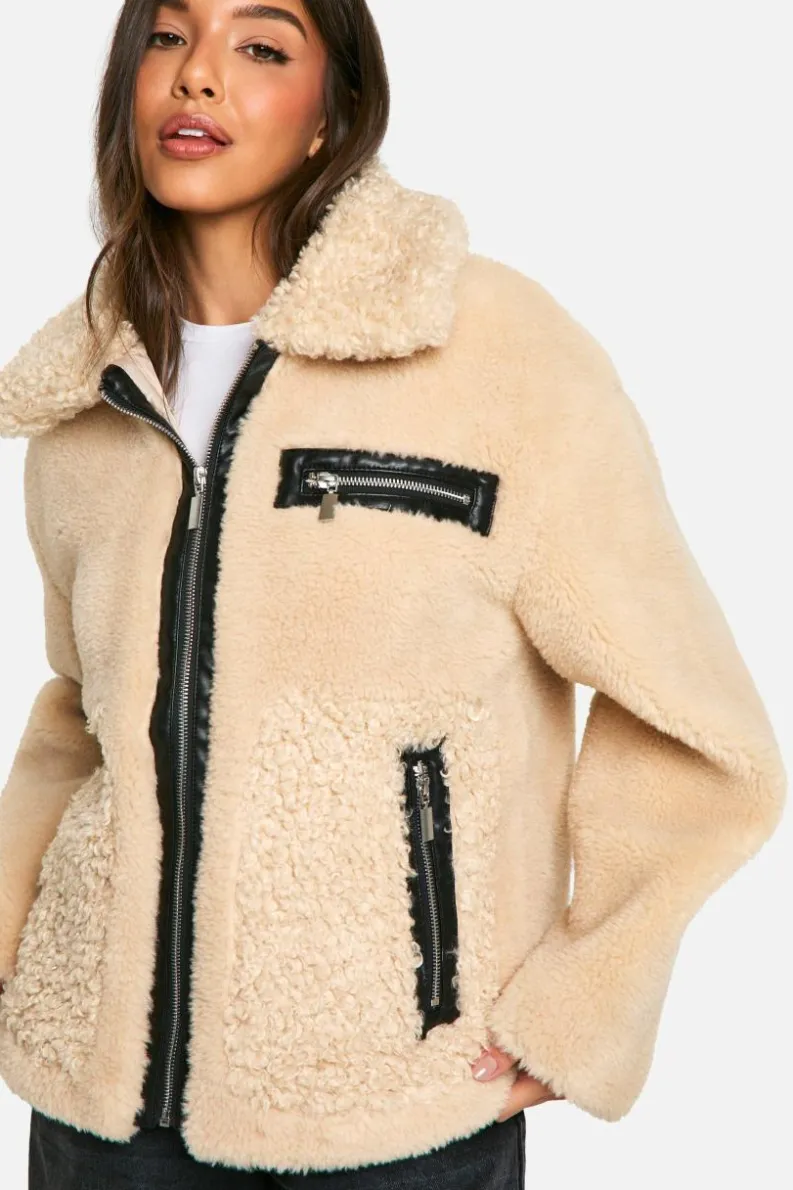 Up To 80% Off Winter Warmers|Aviator Jackets*boohoo Teddy Mixed Faux Fur Aviator sand