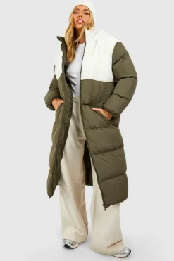 Up To 80% Off Winter Warmers|Teddy Jackets*boohoo Teddy Panelled Longline Puffer Jacket khaki
