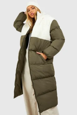 Up To 80% Off Winter Warmers|Teddy Jackets*boohoo Teddy Panelled Longline Puffer Jacket khaki