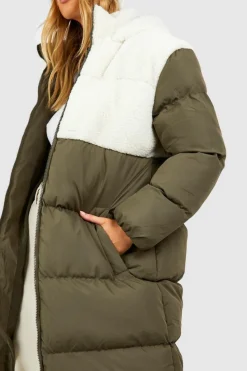 Up To 80% Off Winter Warmers|Teddy Jackets*boohoo Teddy Panelled Longline Puffer Jacket khaki