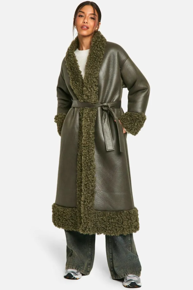 Up To 80% Off Winter Warmers|Teddy Jackets*boohoo Teddy Trim Belted Faux Leather Coat khaki