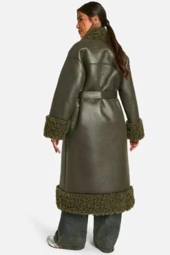 Up To 80% Off Winter Warmers|Teddy Jackets*boohoo Teddy Trim Belted Faux Leather Coat khaki