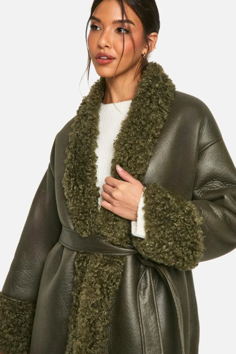 Up To 80% Off Winter Warmers|Teddy Jackets*boohoo Teddy Trim Belted Faux Leather Coat khaki