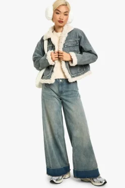 Up To 80% Off Winter Warmers|Denim Jackets*boohoo Teddy Trim Denim Jacket mid wash