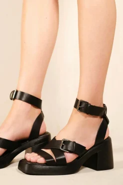 Sandals*Where's That From Tereza' Mid High Block Heel Sandals With Buckle Detail Black
