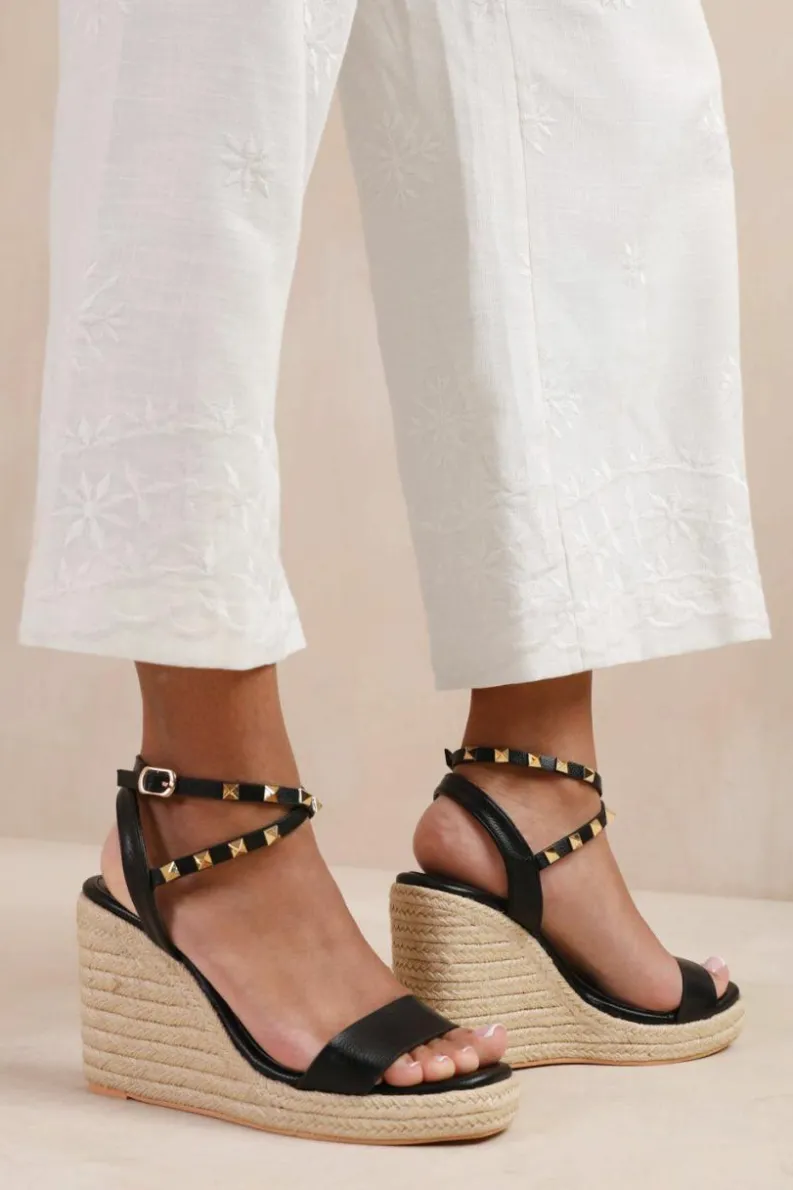 Wedges*Where's That From Texas' Cross Over Ankle Strap With Studd Detail Espadrille Wedges Black