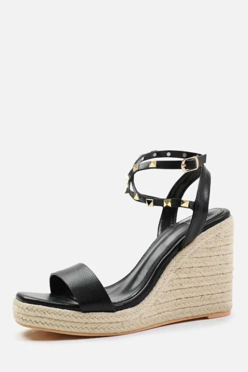 Wedges*Where's That From Texas' Cross Over Ankle Strap With Studd Detail Espadrille Wedges Black