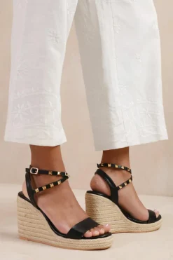 Wedges*Where's That From Texas' Wide Fit Cross Over Ankle Strap With Studd Detail Espadrille Wedges Black