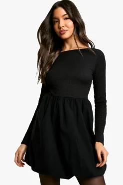 Skater Dresses*boohoo Texture Long Sleeve Volume Skirt Mini Dress black