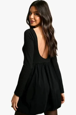 Skater Dresses*boohoo Texture Long Sleeve Volume Skirt Mini Dress black