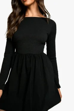 Skater Dresses*boohoo Texture Long Sleeve Volume Skirt Mini Dress black