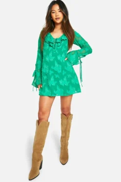 Skater Dresses*boohoo Textured Flare Sleeve Skater green