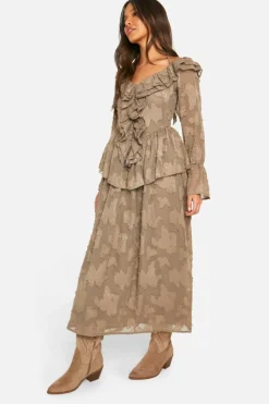 Bodycon Dresses|Maxi Dresses*boohoo Textured Ruffle Front Midaxi Dress neutral