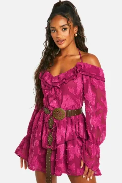 Skater Dresses*boohoo Textured Ruffle Front Skater Dress plum