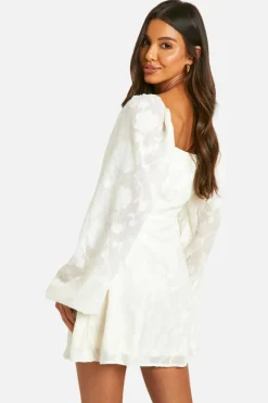 Skater Dresses*boohoo Textured Balloon Sleeve Milkmaid Mini Dress cream