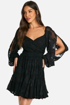 Skater Dresses*boohoo Textured Balloon Sleeve Tie Back Skater black