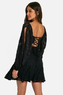 Skater Dresses*boohoo Textured Balloon Sleeve Tie Back Skater black