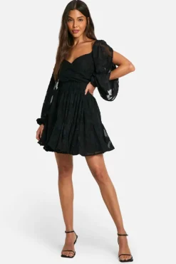 Skater Dresses*boohoo Textured Balloon Sleeve Tie Back Skater black