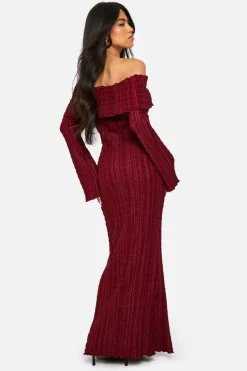 Maxi Dresses|Long Sleeve Dresses*boohoo Textured Bardot Maxi Dress wine