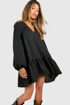 Smock Dresses*boohoo Textured Blouson Sleeve Mini Smock Dress black