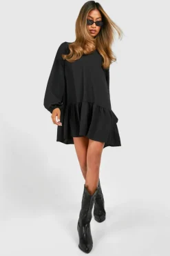 Smock Dresses*boohoo Textured Blouson Sleeve Mini Smock Dress black