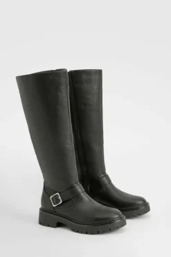 Over The Knee Boots|Chunky Boots*boohoo Textured Buckle Detail Chunky Knee High Boot black