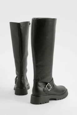 Over The Knee Boots|Chunky Boots*boohoo Textured Buckle Detail Chunky Knee High Boot black