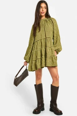 Smock Dresses*boohoo Textured Check Smock Dress green