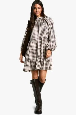 Smock Dresses*boohoo Textured Check Smock Dress brown