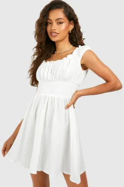 Smock Dresses*boohoo Textured Cotton Shirred Dress white