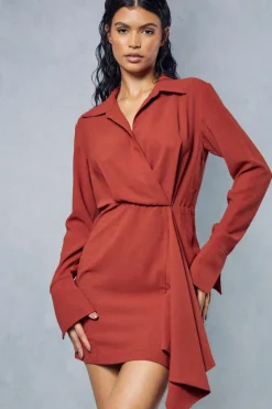 Shirt Dresses*MissPap Textured Drape Detail Split Sleeve Mini Shirt Dress rust