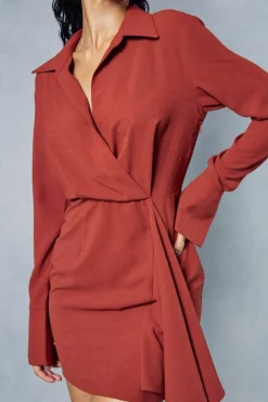 Shirt Dresses*MissPap Textured Drape Detail Split Sleeve Mini Shirt Dress rust