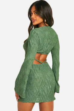 Mini Dresses|Long Sleeve Dresses*boohoo Textured Flare Sleeve Mini Dress green