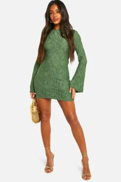Mini Dresses|Long Sleeve Dresses*boohoo Textured Flare Sleeve Mini Dress green