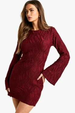 Mini Dresses|Long Sleeve Dresses*boohoo Textured Flare Sleeve Mini Dress wine