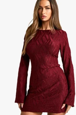 Mini Dresses|Long Sleeve Dresses*boohoo Textured Flare Sleeve Mini Dress wine