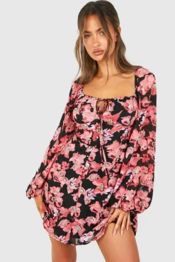 Smock Dresses*boohoo Textured Floral Balloon Sleeve Milkmaid Mini Dress pink